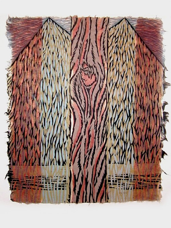 Smoke & Burn – linocut on stenciled kozo 12” x 15”