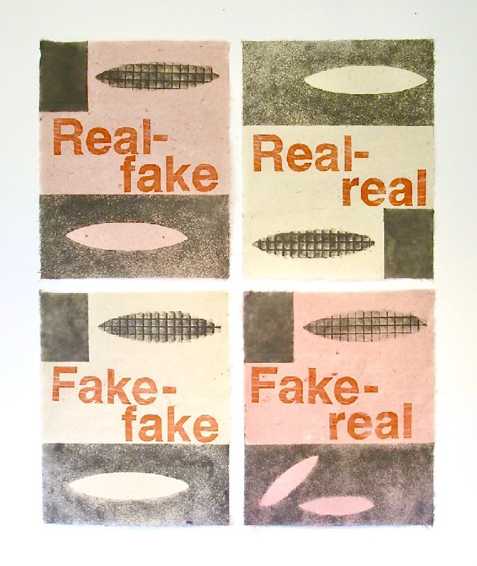 Authenticity Paradox – woodblock print on stenciled gampi/kozo paper 42" x 34"