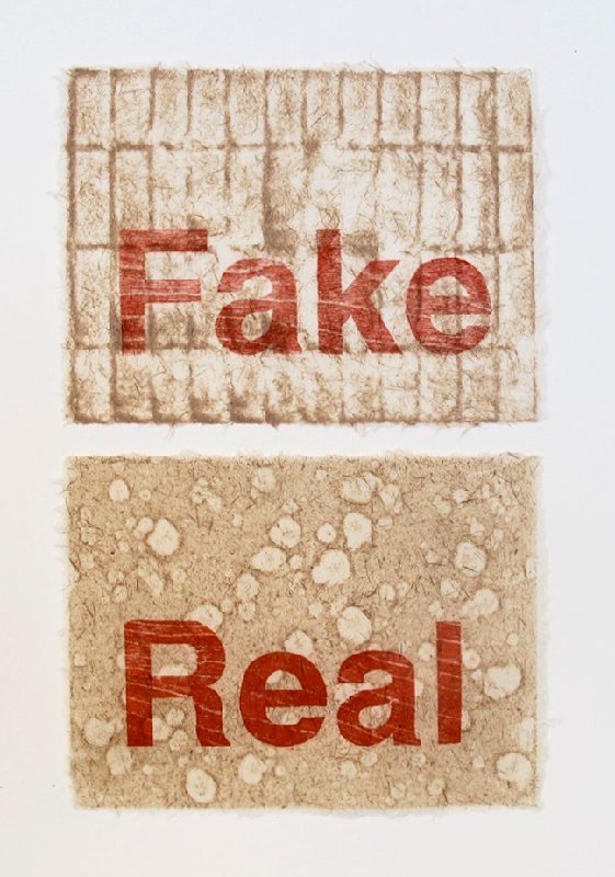 Fake 1 – woodblock print on stenciled gampi/kozo paper 21" x 12"